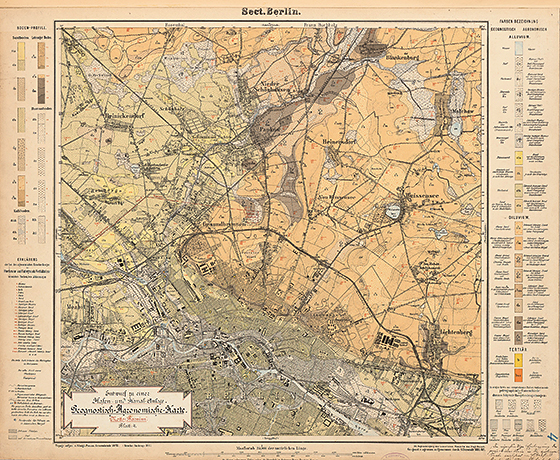 Gerlach Friedrich  (1856-1938), Hafen- und Kanalanlage, Berlin-Gesundbrunnen (Nordkanal). Schinkelwettbewerb 1886: Lageplan zur Bodenbeschaffenheit 1:25000. Tinte farbig, Buntstift über Lithographie auf Papier, 49,20 x 60,20 cm (inkl. Scanrand). Architekturmuseum der Technischen Universität Berlin Inv. Nr. SW-I 1886-04.